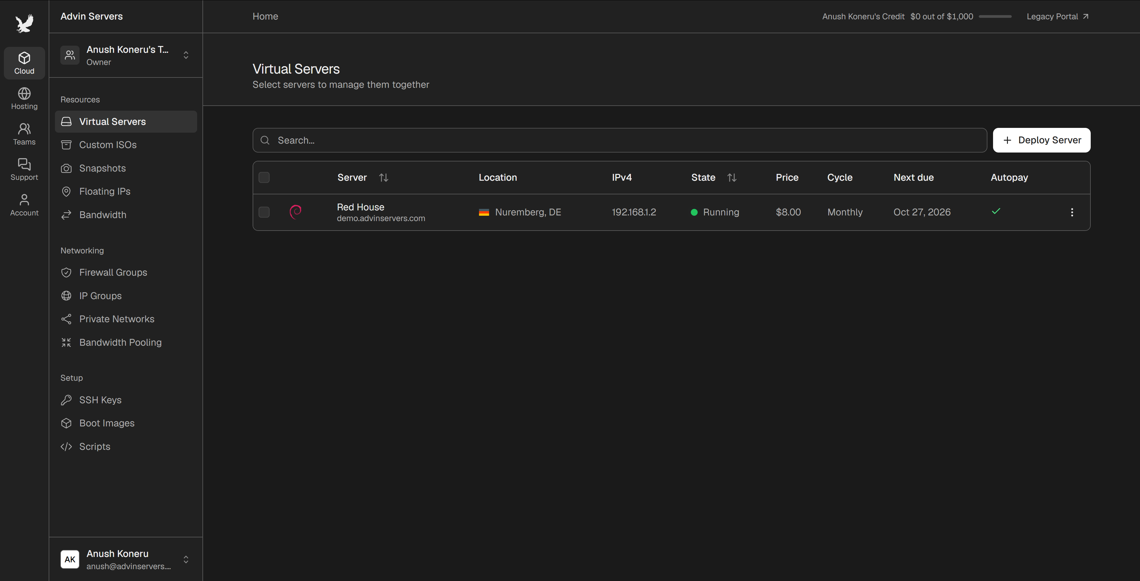 Virtual servers list in the console, showing location, IP address, state and billing for each server